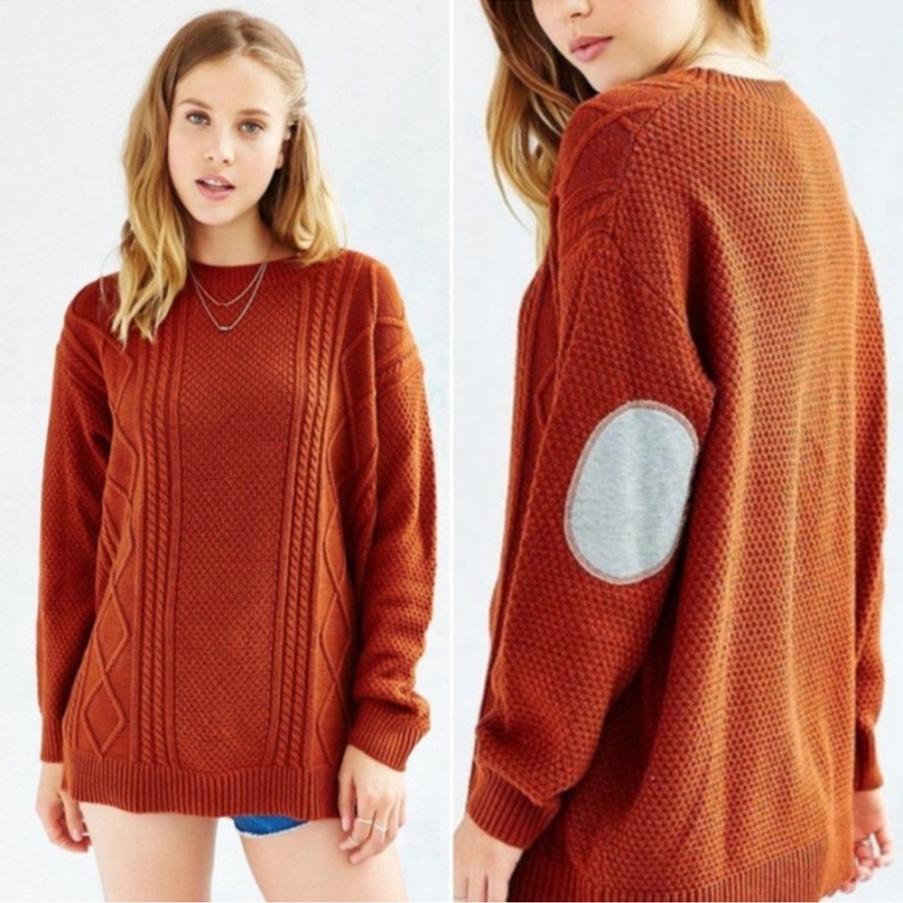 BDG Rust Burnt Orange Cable Knit Elbow Patch Crewneck Sweater Oversized SZ SM